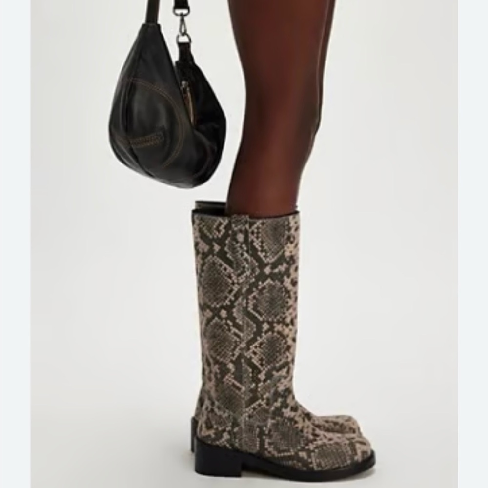 Free People Snake Print Moto Boots - Black and Brown